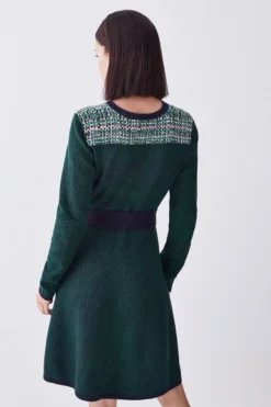 Brand new 🌟 Karen Millen Petite Cut And Sew Tweed Panel Long Sleeve Skater 👗 Dress ⭐ -Workwear Shop bkk07845 green xl 2