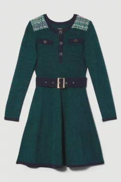 Brand new 🌟 Karen Millen Petite Cut And Sew Tweed Panel Long Sleeve Skater 👗 Dress ⭐ -Workwear Shop bkk07845 green xl 3
