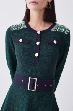 Brand new 🌟 Karen Millen Petite Cut And Sew Tweed Panel Long Sleeve Skater 👗 Dress ⭐ -Workwear Shop bkk07845 green xl 4