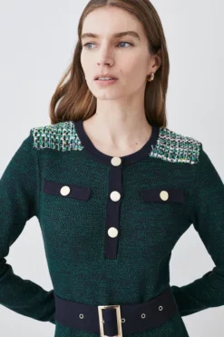 Buy ✔️ Karen Millen Cut And Sew Tweed Panel Long Sleeve Skater Mini 👗 Dress ✨ -Workwear Shop bkk07847 green xl 4