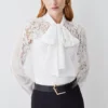 Hot Sale ⭐ Karen Millen Lace Jersey Contrast Pussy Bow Sleeve Bodysuit 🔥