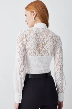 Hot Sale ⭐ Karen Millen Lace Jersey Contrast Pussy Bow Sleeve Bodysuit 🔥 -Workwear Shop bkk07904 cream xl 2