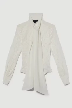 Hot Sale ⭐ Karen Millen Lace Jersey Contrast Pussy Bow Sleeve Bodysuit 🔥 -Workwear Shop bkk07904 cream xl 3