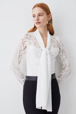 Hot Sale ⭐ Karen Millen Lace Jersey Contrast Pussy Bow Sleeve Bodysuit 🔥 -Workwear Shop bkk07904 cream xl 4
