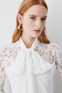Hot Sale ⭐ Karen Millen Lace Jersey Contrast Pussy Bow Sleeve Bodysuit 🔥 -Workwear Shop bkk07904 cream xl 5