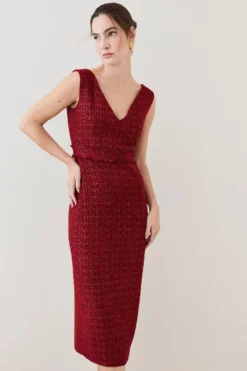 Flash Sale 🎉 Karen Millen Tweed Frayed Waistband Detail Midi 👗 Dress 👏