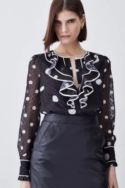 Wholesale ⌛ Karen Millen Mono Mixed Dot Ruffle Detail Georgette Blouse 🔥