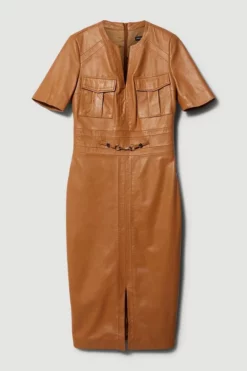 Best Sale 🤩 Karen Millen Leather Short Sleeve Snaffle Trim Pencil Midi 👗 Dress 👍 -Workwear Shop bkk08383 camel xl 3