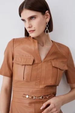 Best Sale 🤩 Karen Millen Leather Short Sleeve Snaffle Trim Pencil Midi 👗 Dress 👍 -Workwear Shop bkk08383 camel xl 4