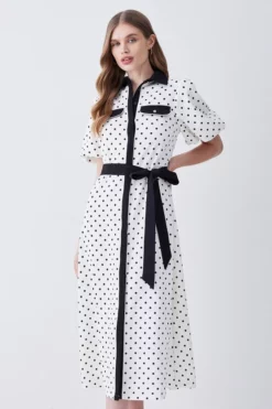 Discount ✔️ Karen Millen Pin Dot Twill Belted Midi 👗 Dress 🥰