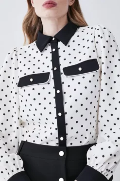 Buy 💯 Karen Millen Pin Dot Twill Trimmed Woven 👕 Shirt 😉 -Workwear Shop bkk08744 mono xl 4