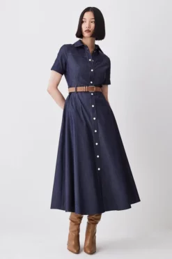 New ✨ Karen Millen Tailored Denim Belted Midi 👕 Shirt 👗 Dress 🧨