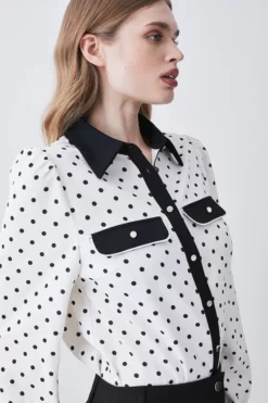 Best deal 🥰 Karen Millen Tall Pin Dot Twill Trimmed Woven 👚 Shirt 🛒