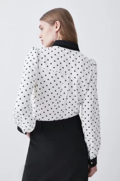 Best deal 🥰 Karen Millen Tall Pin Dot Twill Trimmed Woven 👚 Shirt 🛒 -Workwear Shop bkk09188 mono xl 2