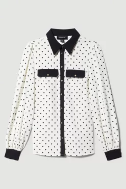 Best deal 🥰 Karen Millen Tall Pin Dot Twill Trimmed Woven 👚 Shirt 🛒 -Workwear Shop bkk09188 mono xl 3