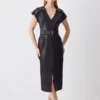 Cheap 🎉 Karen Millen Tall Leather Button Detail Shoulder Belted Midi Pencil 👗 Dress 🛒
