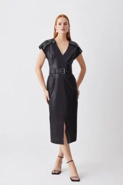 Cheap 🎉 Karen Millen Tall Leather Button Detail Shoulder Belted Midi Pencil 👗 Dress 🛒