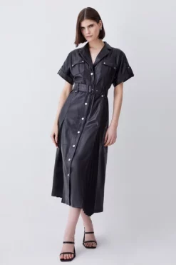 Best deal 🛒 Karen Millen Leather Belted Button Detail 👚 Shirt Midi 👗 Dress 🌟