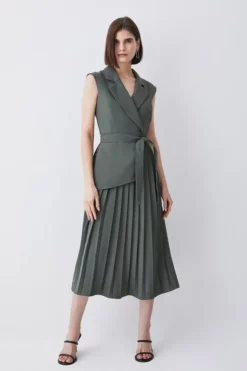 Budget 🌟 Karen Millen Tall Military Pleat Sleeveless Midi 👗 Dress 👏