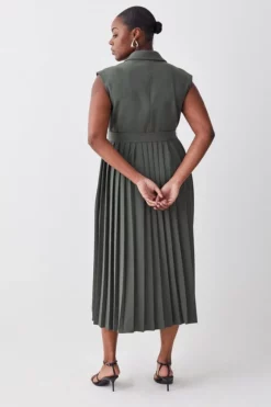 Cheapest 😍 Karen Millen Plus Size Military Pleat Sleeveless Midi 👗 Dress 🔔 -Workwear Shop bkk09787 khaki xl 2