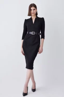 Budget 🥰 Karen Millen Petite Structured Crepe Belted Forever Midi 👗 Dress 💯