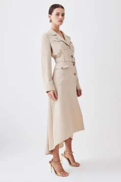 Cheap 🌟 Karen Millen Petite Soft Tailored Belted Crepe High Low 👕 Shirt Midi 👗 Dress ✨