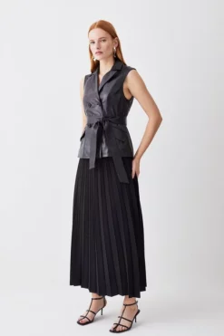 Brand new ⌛ Karen Millen Leather Sleeveless Wrap Pleat 👗 Skirt Midi 👗 Dress 🤩