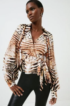 Best deal 🔥 Karen Millen Mirrored Tiger Viscose Satin Woven Tie Blouse 🔥 -Workwear Shop womens animal mirrored tiger viscose satin woven tie blouse