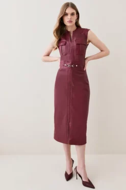 Discount 👏 Karen Millen Tall Leather Snaffle Trim Pencil Midi 👗 Dress 🤩 -Workwear Shop womens berry tall leather snaffle trim pencil midi dress