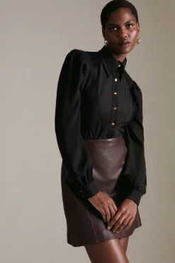 Promo ✨ Karen Millen Button Through Georgette Jersey Blouse 🔔 -Workwear Shop womens black button through georgette jersey blouse