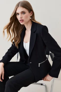 Buy 😉 Karen Millen Compact Stretch Biker Detail Tailored Jacket 😀 -Workwear Shop womens black compact stretch biker detail tailored jacket