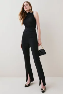 Best deal 😉 Karen Millen Compact Stretch High Rise Split Hem Trouser 🔔 -Workwear Shop womens black compact stretch high rise split hem trouser 1