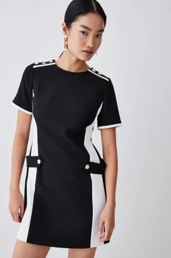 New ✔️ Karen Millen Compact Stretch Tipped A Line Mini 👗 Dress ⌛ -Workwear Shop womens black compact stretch tipped a line mini dress 1