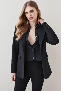 Promo ⌛ Karen Millen Compact Stretch Waistcoat Insert Blazer 😀 -Workwear Shop womens black compact stretch waistcoat insert blazer