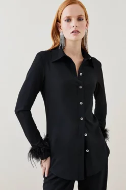 Cheapest 🎉 Karen Millen Feather Cuff Detail 👕 Shirt 😉 -Workwear Shop womens black feather cuff detail shirt