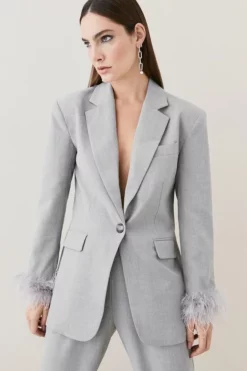 Best Sale 🧨 Karen Millen Feather Cuff Detail Single Breasted Blazer 🛒 -Workwear Shop womens black feather cuff detail single breasted blazer 1