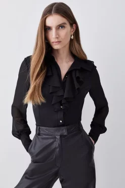 Best deal 🧨 Karen Millen Frill Detail Button Up 👕 Shirt 🥰 -Workwear Shop womens black frill detail button up shirt