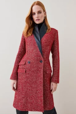 Outlet ✨ Karen Millen Italian Herringbone Wool Pu Collar 🧥 Coat 🤩 -Workwear Shop womens black italian herringbone wool pu collar coat