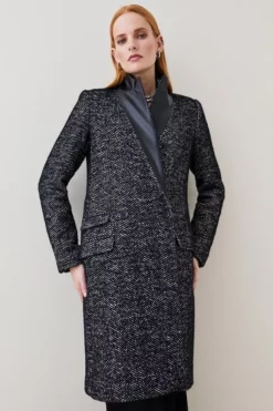 Outlet ✨ Karen Millen Italian Herringbone Wool Pu Collar 🧥 Coat 🤩 -Workwear Shop womens black italian herringbone wool pu collar coat 1 1