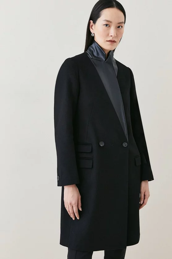 Cheapest 🔥 Karen Millen Italian Virgin Wool Faux Leather Contrast Double Breasted 🧥 Coat 🎉 6 Cheapest 🔥 Karen Millen Italian Virgin Wool Faux Leather Contrast Double Breasted 🧥 Coat 🎉 - Image 6