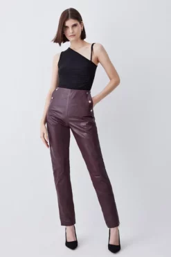 Wholesale 👏 Karen Millen Leather Button Pocket Detail Zip Hem Slim Leg 😀 -Workwear Shop womens black leather button pocket detail zip hem slim leg 1 1