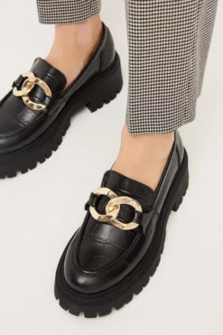 New 😉 Karen Millen Leather Gold Trim Chunky Loafer 🛒 -Workwear Shop womens black leather gold trim chunky loafer