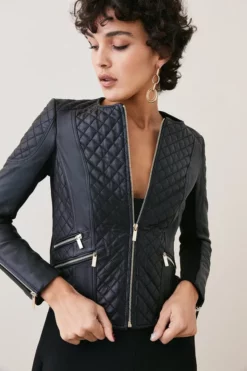 Outlet 🎁 Karen Millen Leather Quilted Biker Jacket ❤️ -Workwear Shop womens black leather quilted biker jacket 1