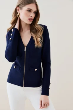 Brand new 🛒 Karen Millen Military Bandage Zip Knitted Jacket 🔔 -Workwear Shop womens black military bandage zip knitted jacket 3