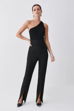 Best Sale 💯 Karen Millen Petite Compact Stretch High Rise Split Hem Trouser 🌟 -Workwear Shop womens black petite compact stretch high rise split hem trouser