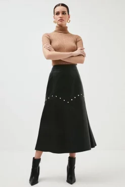 Promo 🌟 Karen Millen Petite Leather Studded Seam Detail Midi 👗 Skirt 🔔 -Workwear Shop womens black petite leather studded seam detail midi skirt
