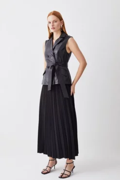 Best Sale ✔️ Karen Millen Petite Sleeveless Leather Wrap Pleat 👗 Skirt Midi 👗 Dress ✨ -Workwear Shop womens black petite sleeveless leather wrap pleat skirt midi dress