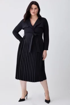 Discount 🎁 Karen Millen Plus Size Forever Pleat Belted Trench Midi 👗 Dress 👍 -Workwear Shop womens black plus size forever pleat belted trench midi dress 1