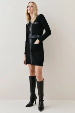 Promo ✨ Karen Millen Pu Trim Belted Knit Mini 👗 Dress 🎉 -Workwear Shop womens black pu trim belted knit mini dress 1