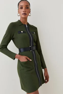 Promo ✨ Karen Millen Pu Trim Belted Knit Mini 👗 Dress 🎉 -Workwear Shop womens black pu trim belted knit mini dress